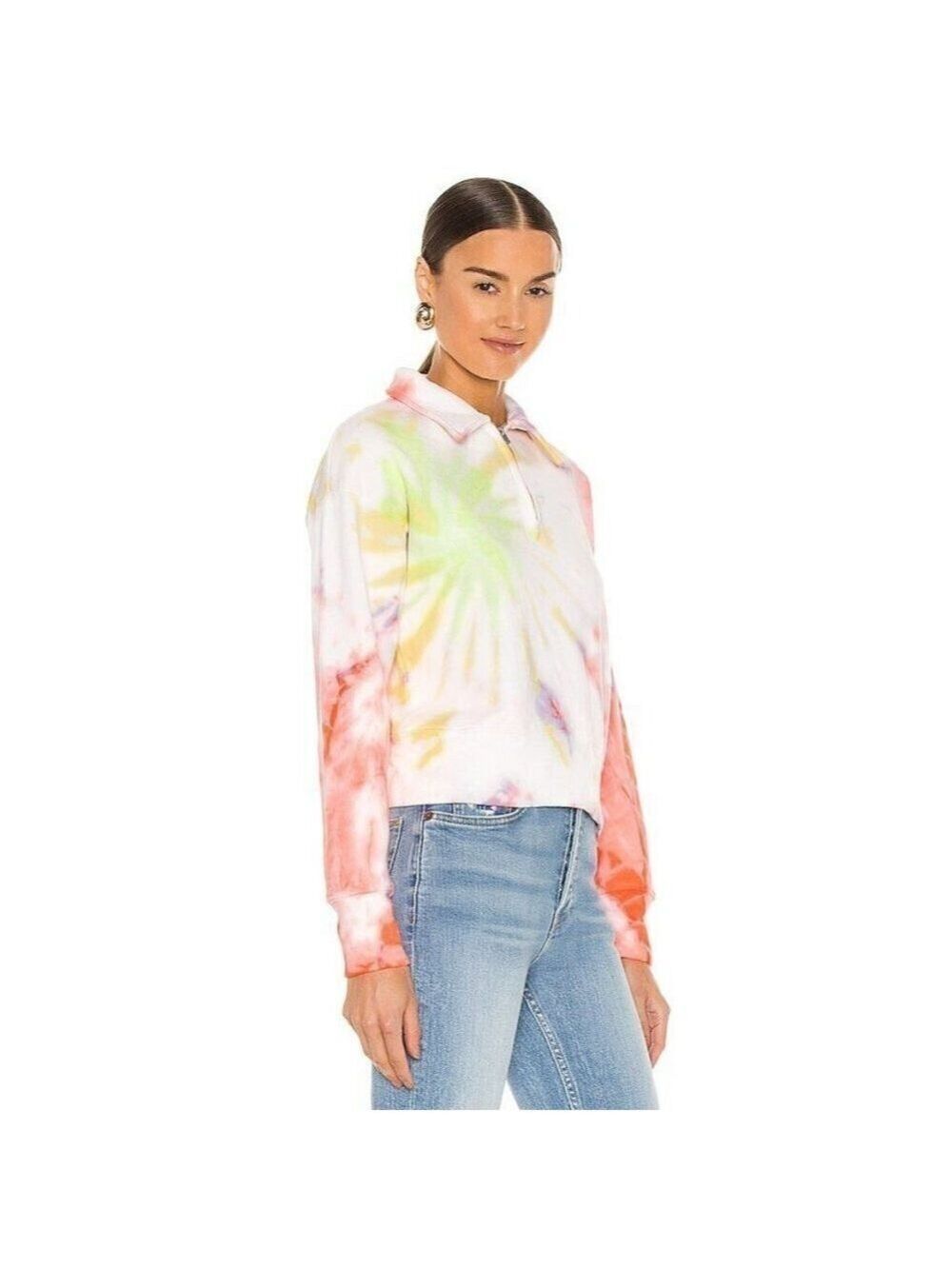 𝅺RE/DONE Hanes Bnwot Women Quarter Zip Collared Tie Dye Sz Xsmall Sweater